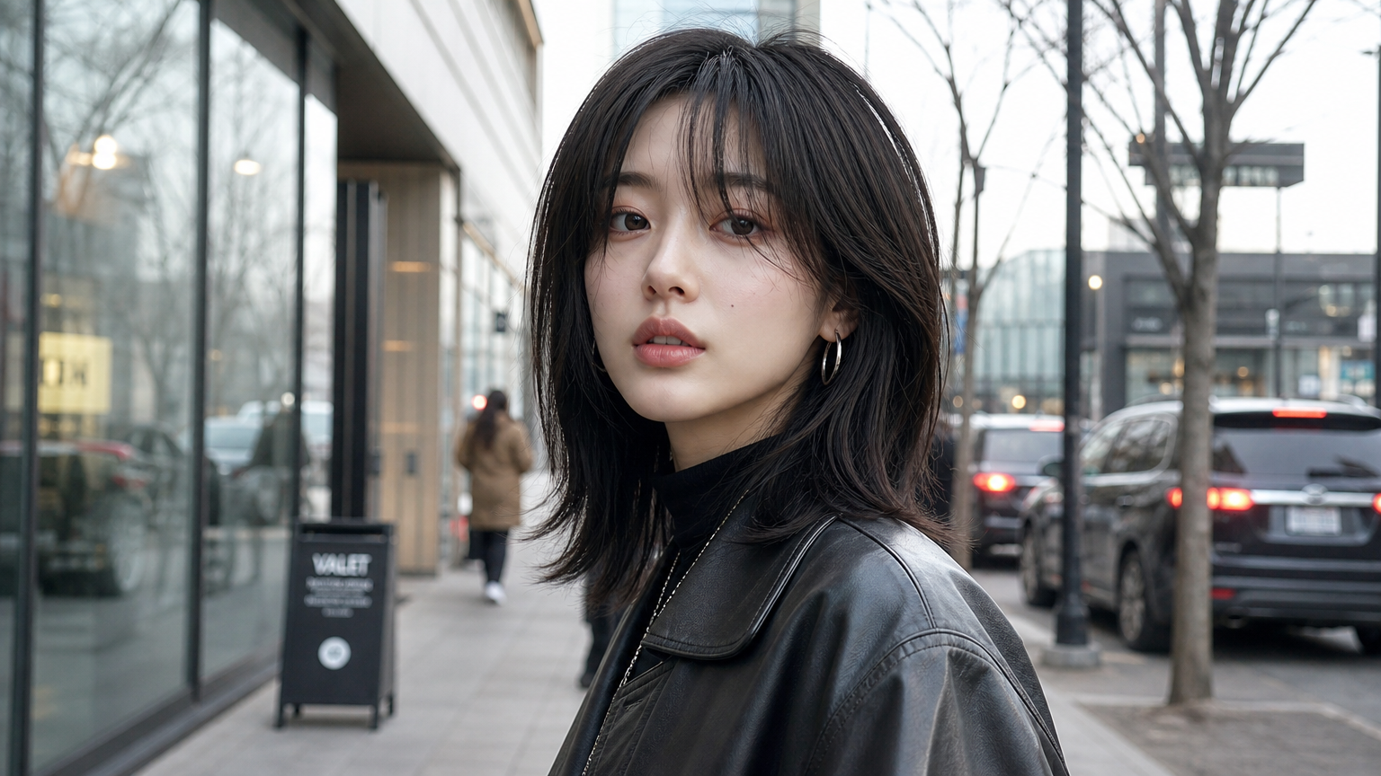 현대적인 패션을 입은 한국 여성이 어깨 길이의 허쉬컷 헤어스타일로 도시 배경에서 포즈를 취하고 있는 모습