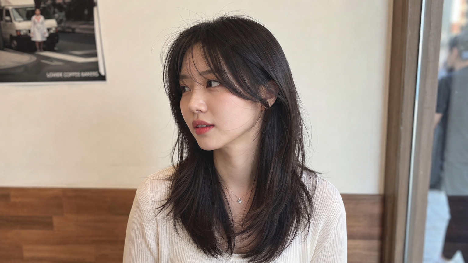 일상적인 환경에서 자연스럽고 편안한 분위기의 한국 여성의 레이어드 허쉬컷 헤어스타일