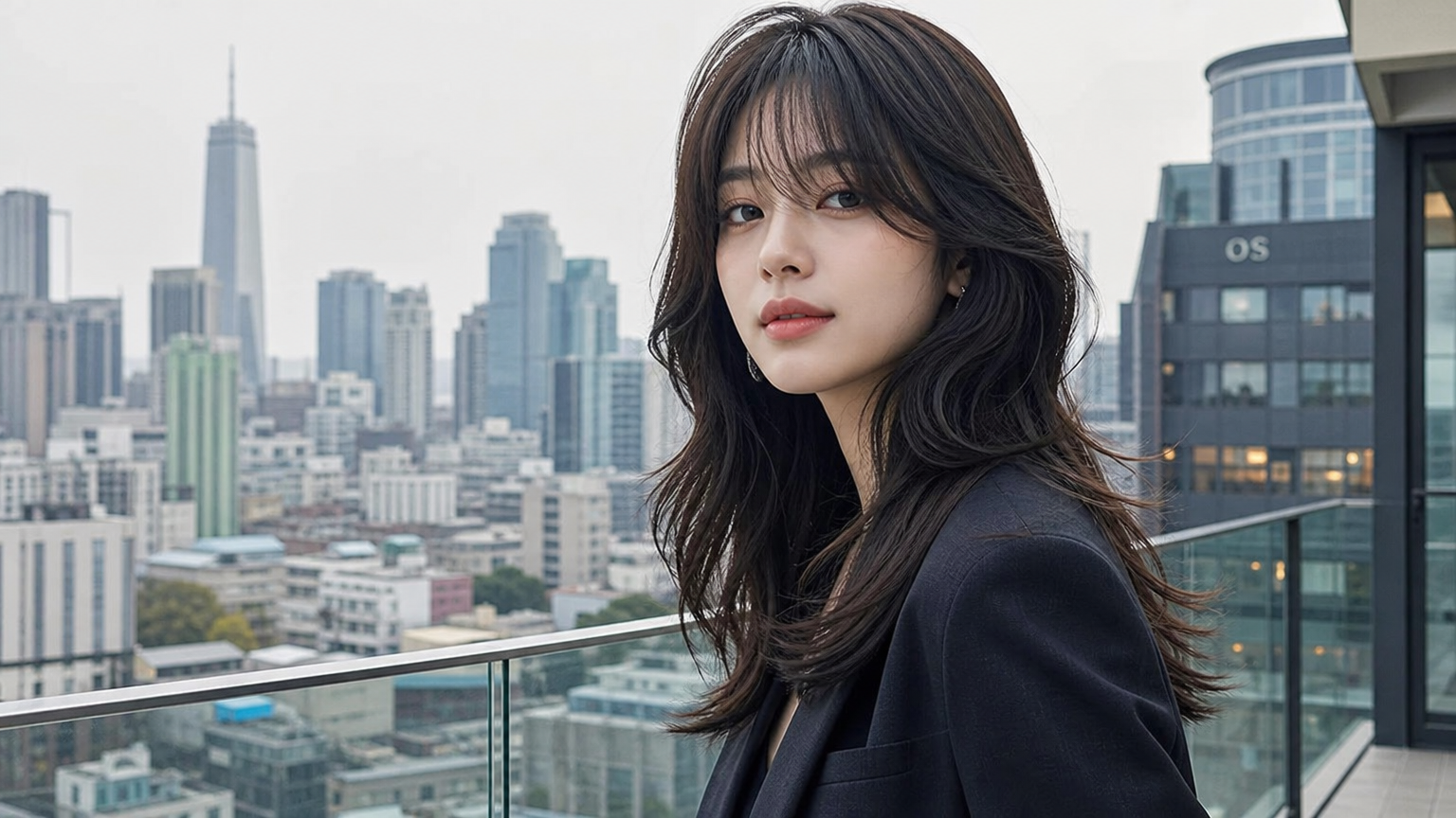 세련된 도시 배경에서 굵은 웨이브가 들어간 시크한 중단발 허쉬컷을 한 한국 여성