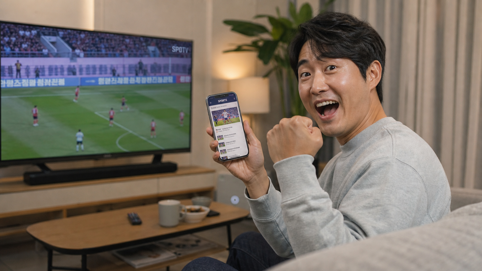 거실에서 스마트폰으로 스포츠 뉴스를 보는 현대 남성