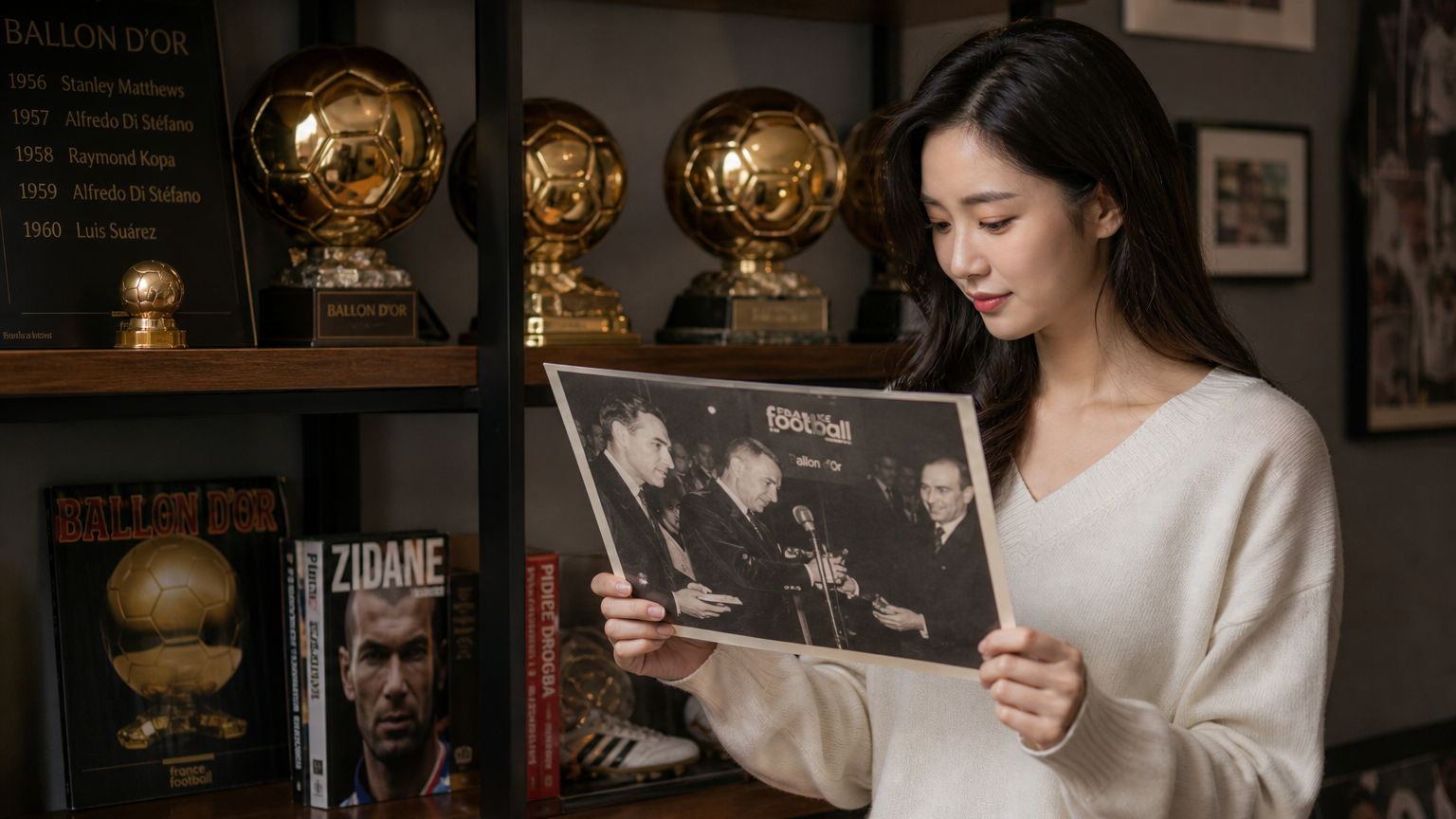 축구 트로피와 기념품이 가득한 책장 옆에서 옛 사진을 바라보는 여성