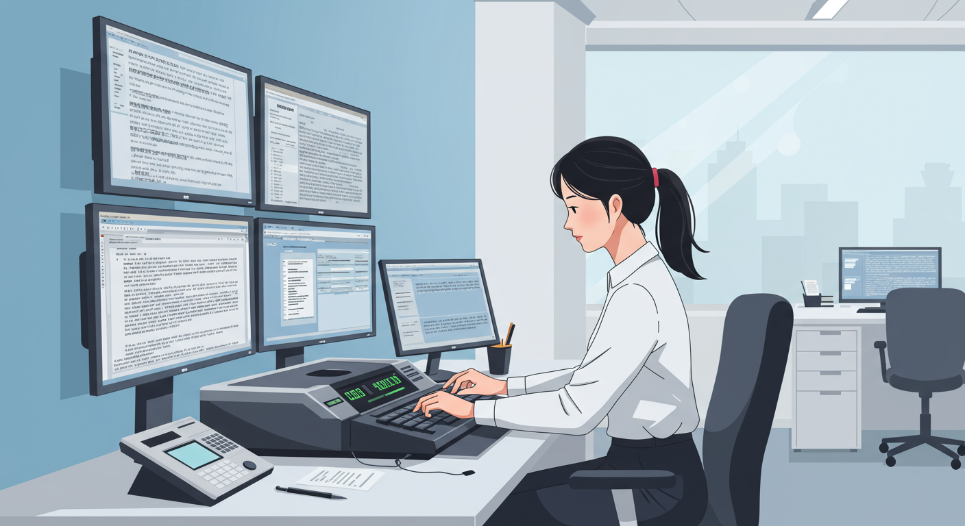 현대적인 사무실에서 전문 속기사로 일하는 모습과 화면에 텍스트가 표시되는 장면