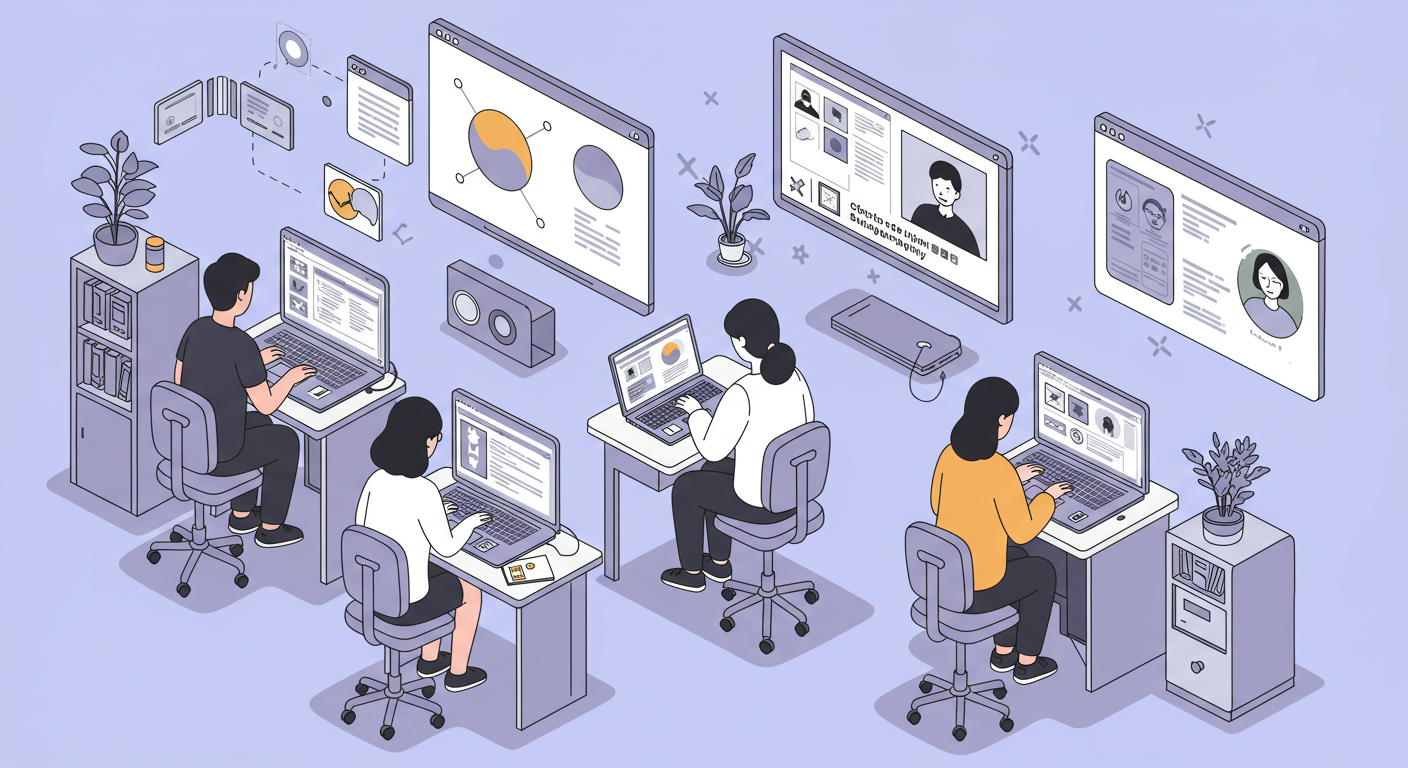 노트북을 통해 실시간 온라인 강의를 듣는 학생들의 모습과 디지털 학습 도구들