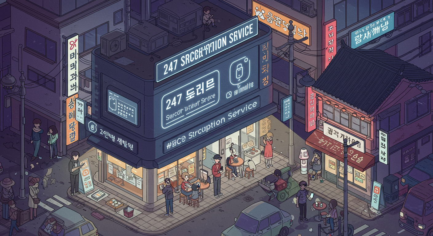 밤에도 불이 켜진 24시간 운영되는 속기사무소와 휴대폰으로 서비스를 이용하는 사람들