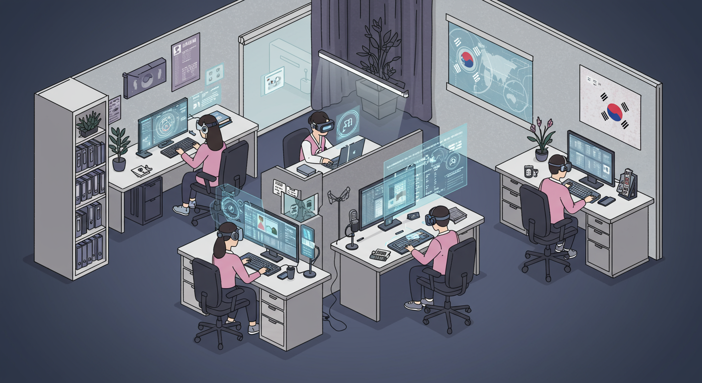 AI와 가상현실 요소를 갖춘 미래지향적 사무실 환경에서 원격 협업하는 장면