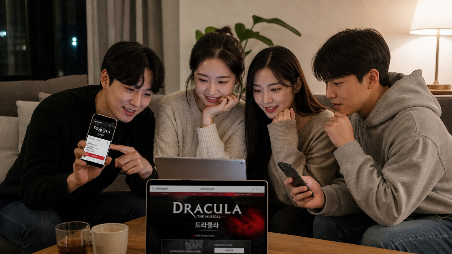 여러 기기로 온라인 티켓 예약하며 할인 정보 확인 중인 젊은이들 모습