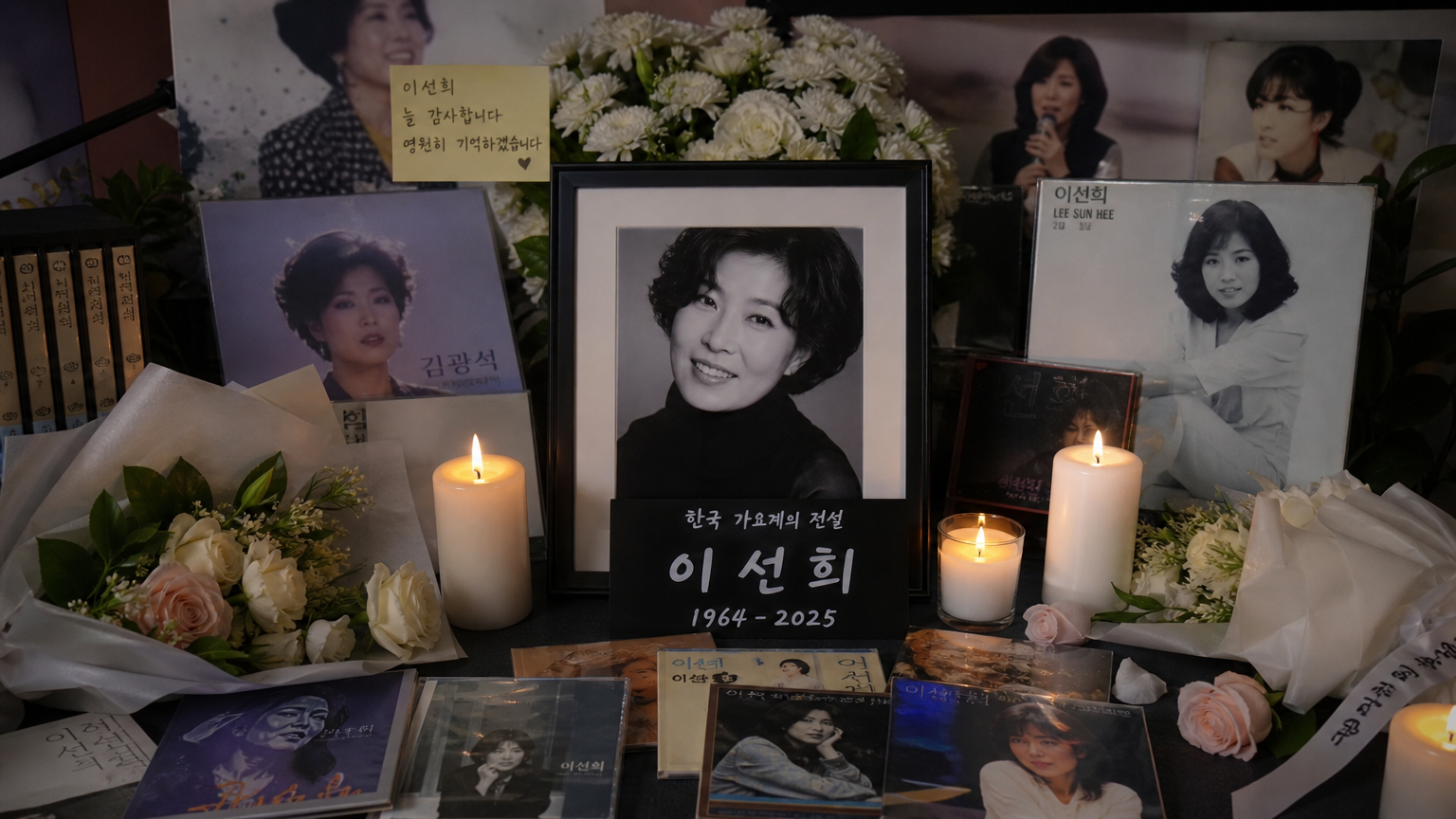 전설적인 가수 옥희를 추모하는 촛불과 꽃으로 꾸며진 장면