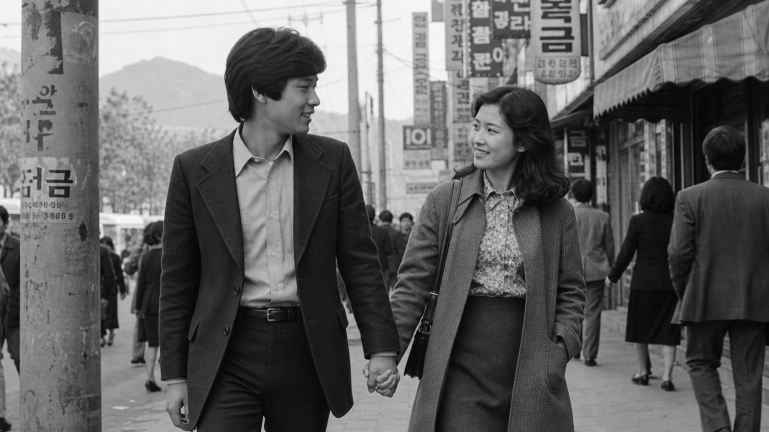 서울 거리를 손잡고 걷는 젊은 커플의 흑백 사진