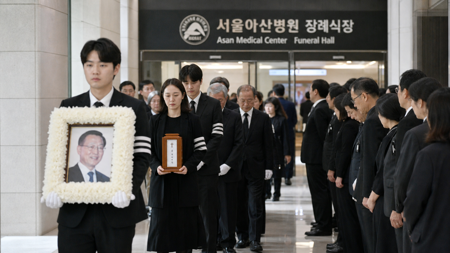 서울 아산병원에서 검은색과 흰색 복장을 한 조문객들이 경의를 표하는 장례 행렬