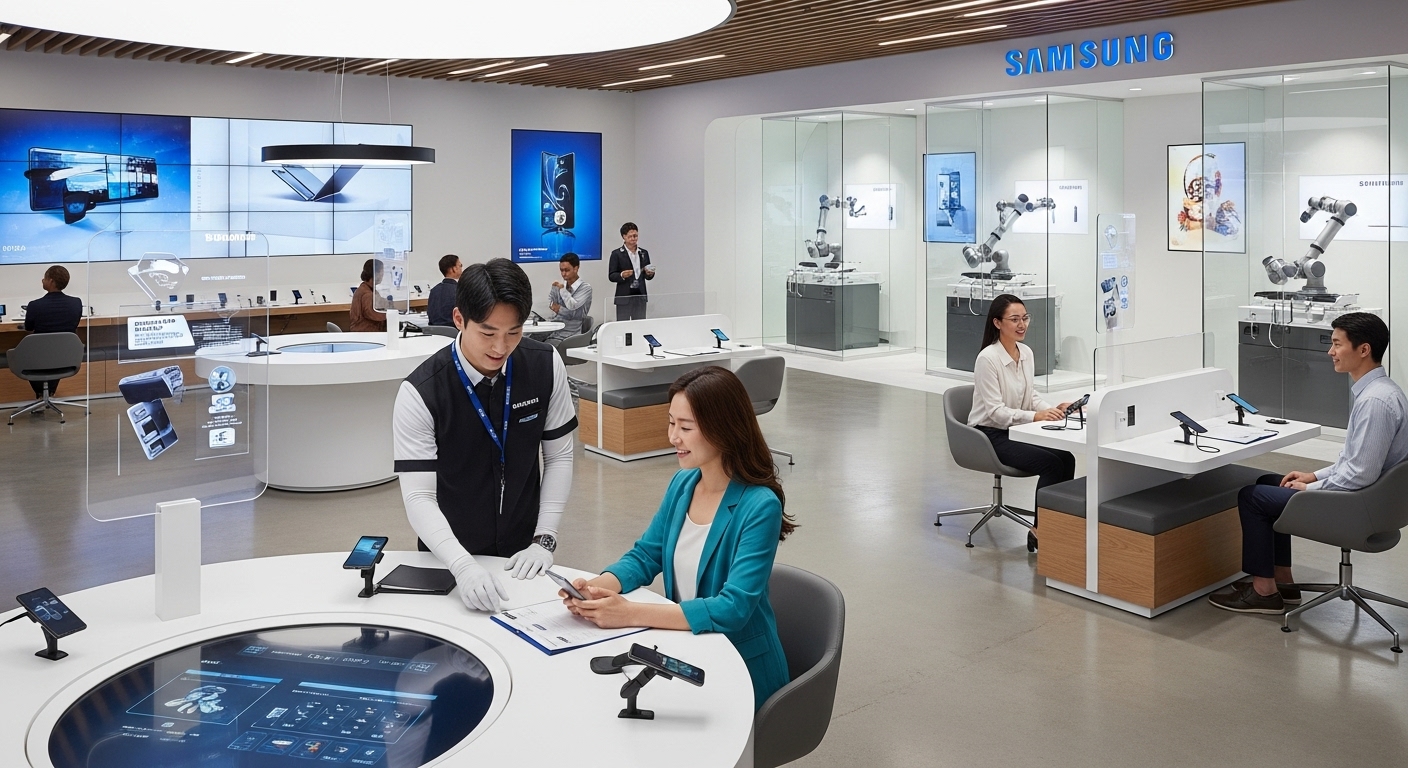 삼성 서비스센터 내부에서 고객이 스마트폰 문제로 상담받는 모습