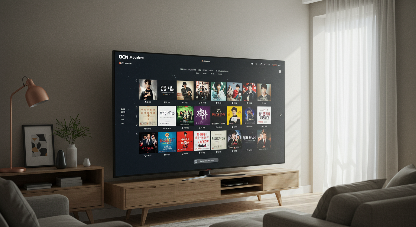 현대적인 한국 가정의 거실에 있는 컴퓨터 화면에 OCN 공식 웹사이트의 영화 편성이 상세히 표시된 장면