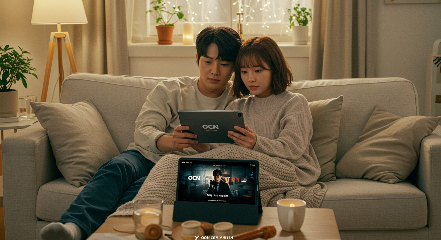 젊은 한국 커플이 아파트 소파에 앉아 태블릿을 통해 티빙 플랫폼으로 영화를 스트리밍 하는 모습