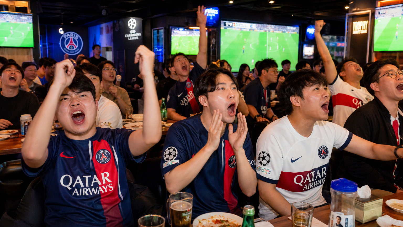 축구 팬들이 스포츠 바에서 챔피언스리그 경기를 시청하며 열광하는 모습