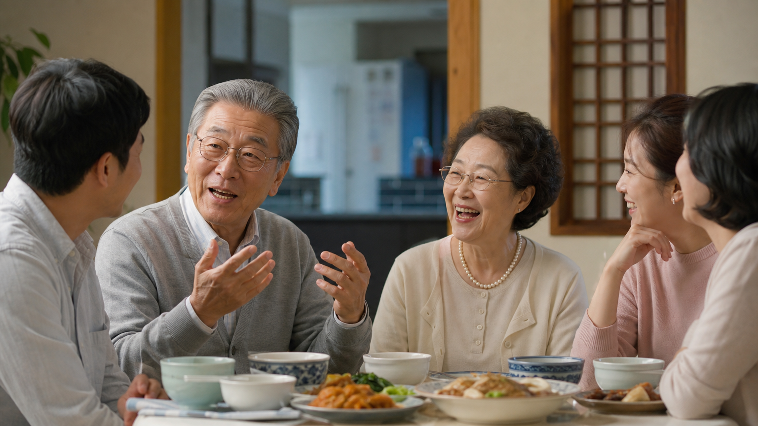 식탁에서 손주들과 이야기 나누는 노부부의 모습