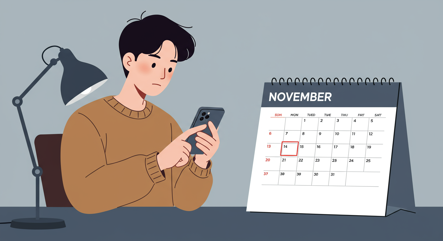 젊은 성인이 달력을 보며 스마트폰으로 일정 확인