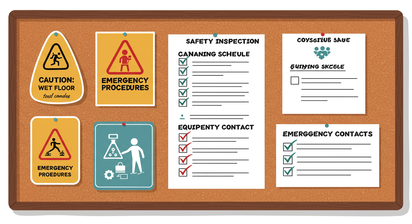 공용 공간 내 게시판에 부착된 주의사항과 체크리스트 항목들
