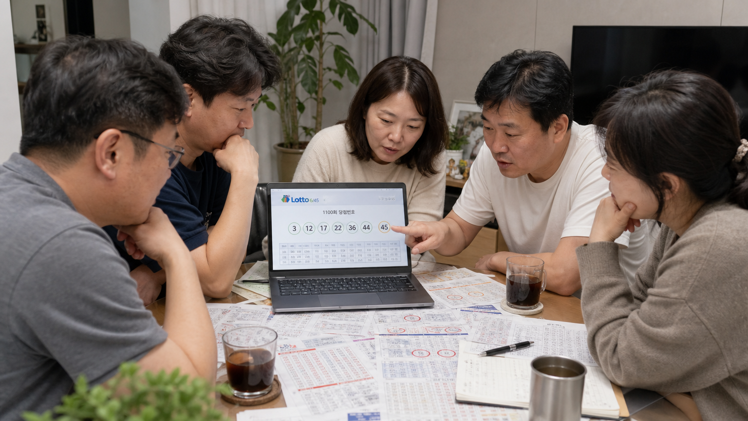 테이블에 모여 노트북 화면에 표시된 로또 번호를 분석하는 한국인들