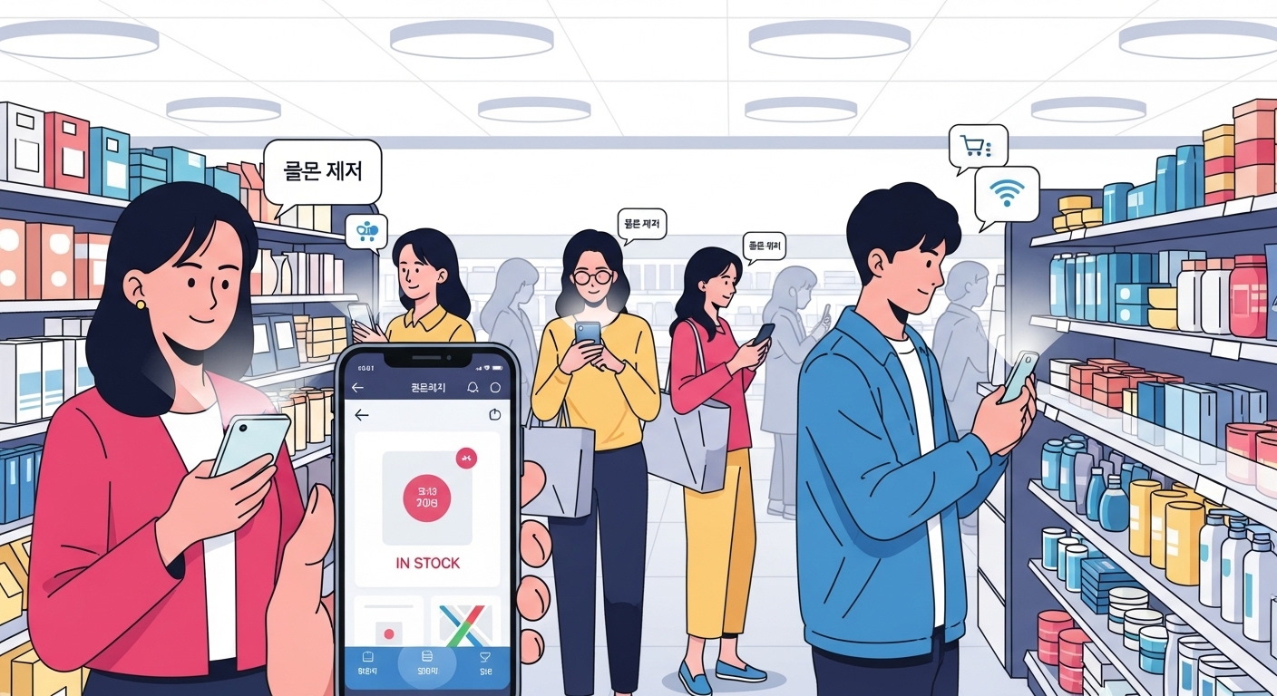 현대적 소매 환경에서 스마트폰으로 다이소 실시간 재고를 확인하는 쇼핑객들
