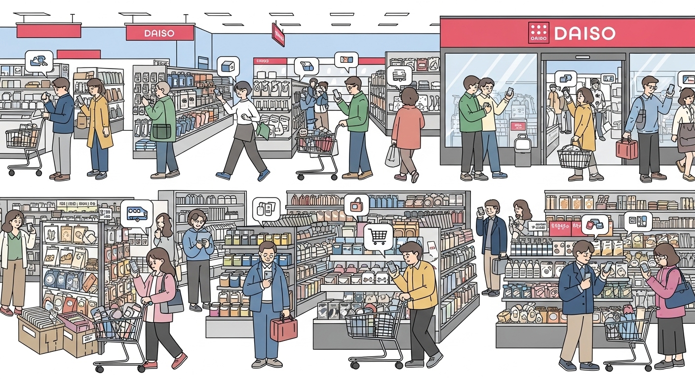 다양한 다이소 매장에서 스마트폰으로 상품 재고를 확인하며 시간을 절약하는 바쁜 쇼핑객들