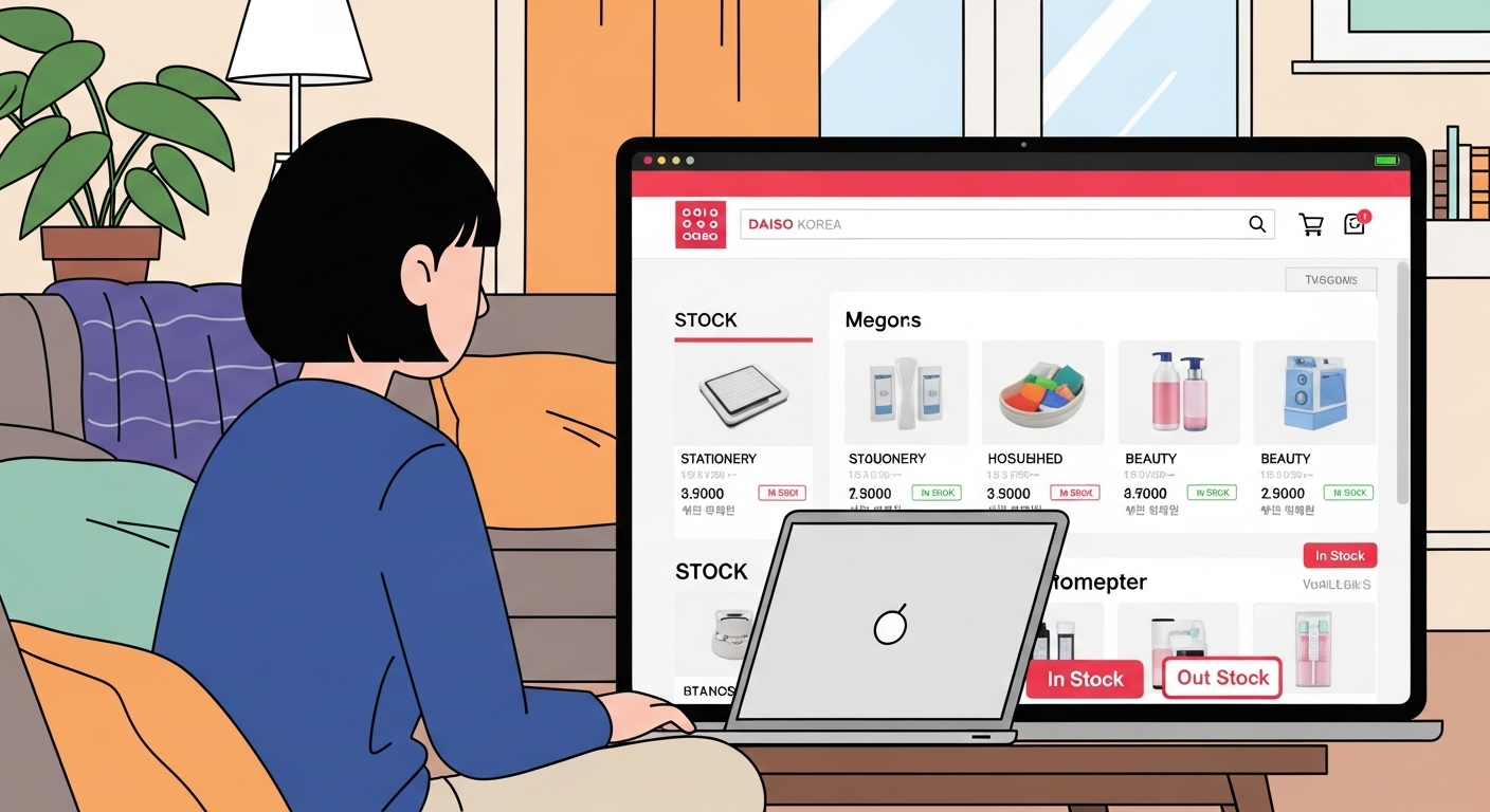집에서 노트북으로 다이소 웹사이트를 통해 재고 정보를 확인하는 사용자 모습