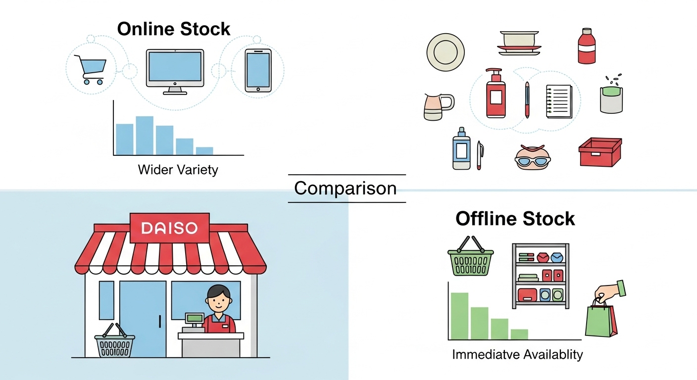 온라인과 오프라인 다이소 상품 옵션의 차이를 나타내는 아이콘들로 구성된 비교 이미지