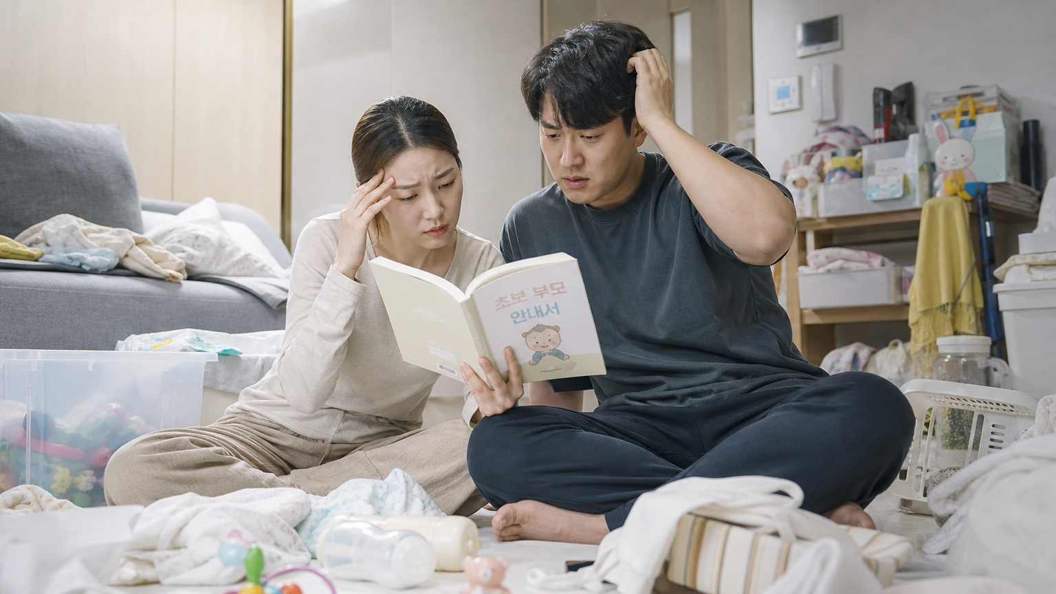 젊은 부모들이 어수선한 방에서 육아서를 읽으며 당황한 표정을 짓는 장면