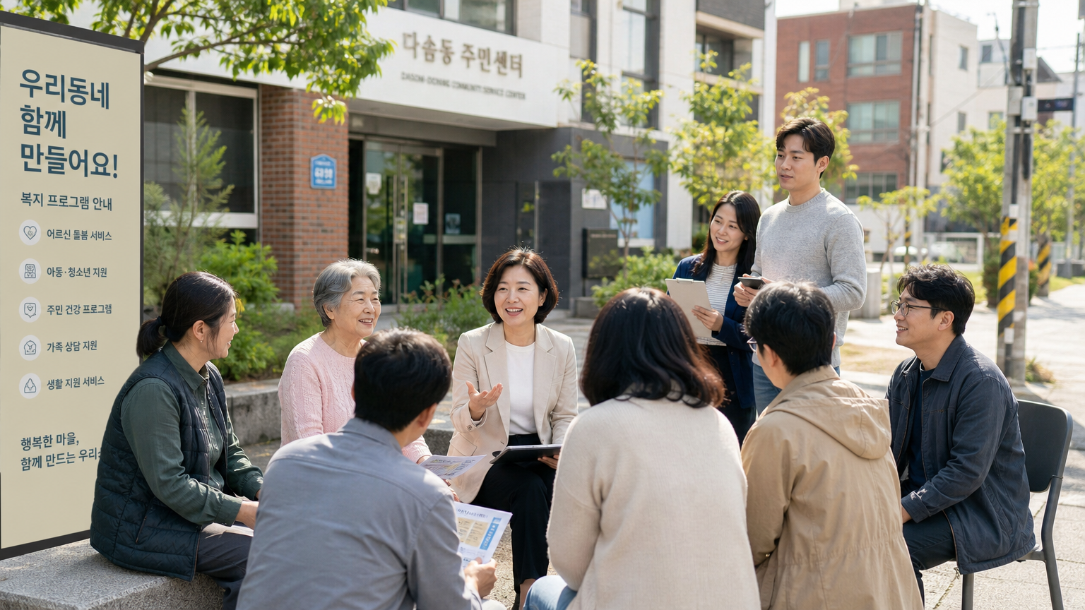 현대적인 한국 동네에서 다양한 이웃들이 모여 복지 프로그램에 대해 논의하는 모습