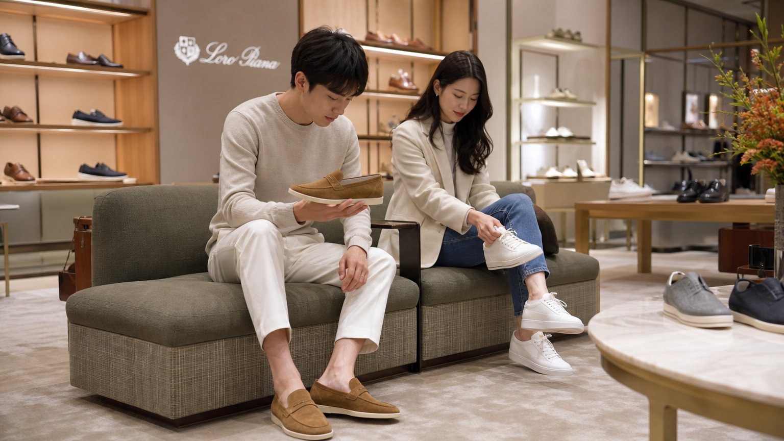 세련된 부티크에서 로퍼와 스니커즈를 착용해보며 착용감과 유연성을 비교하는 모습