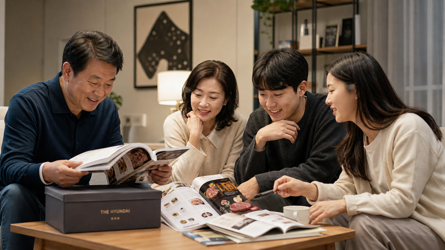 한국의 현대적인 가족이 거실에서 함께 앉아 추석 선물 카탈로그를 보며 논의하는 모습