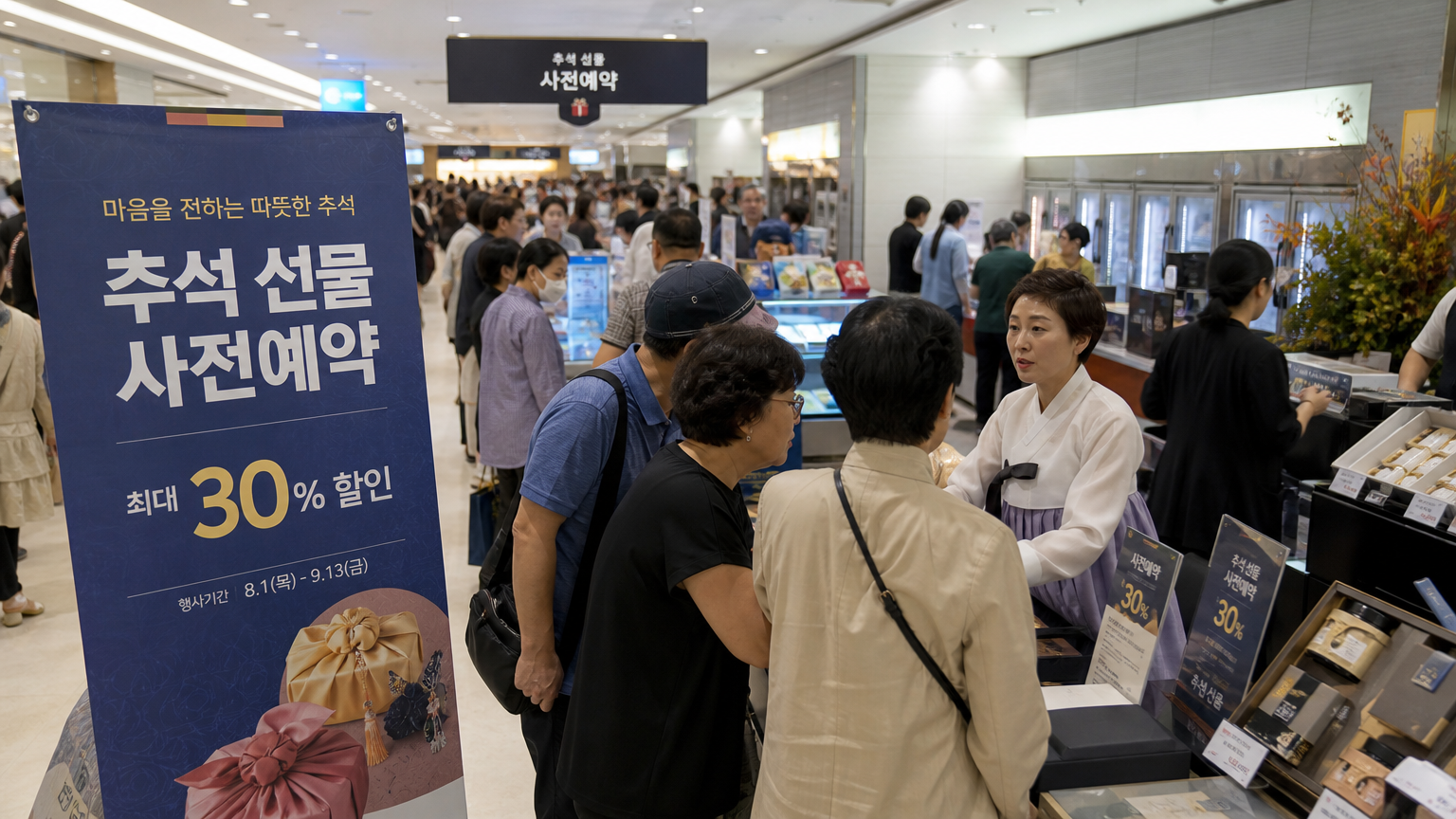 사람들이 북적이는 한국 백화점에서 추석 선물세트 사전 예약 중인 모습