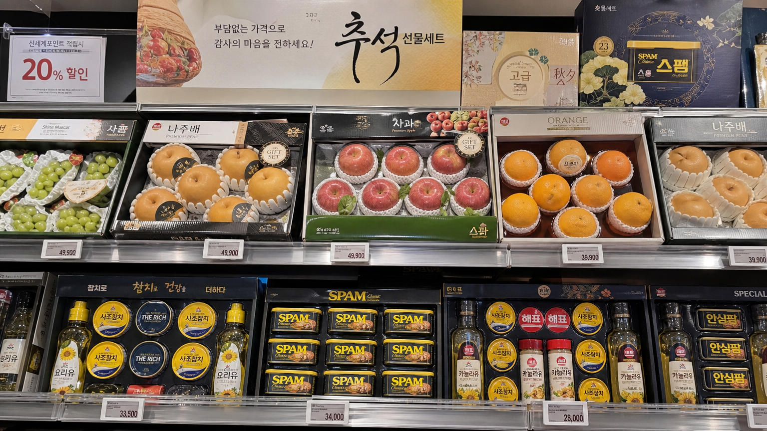 슈퍼마켓 진열대에 놓인 다양한 가성비 좋은 추석 선물세트 모습