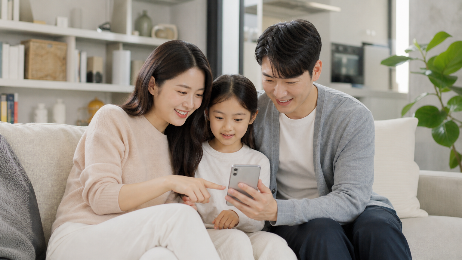 현대적인 한국 가족이 거실에서 스마트폰으로 온라인 서류를 확인하는 장면