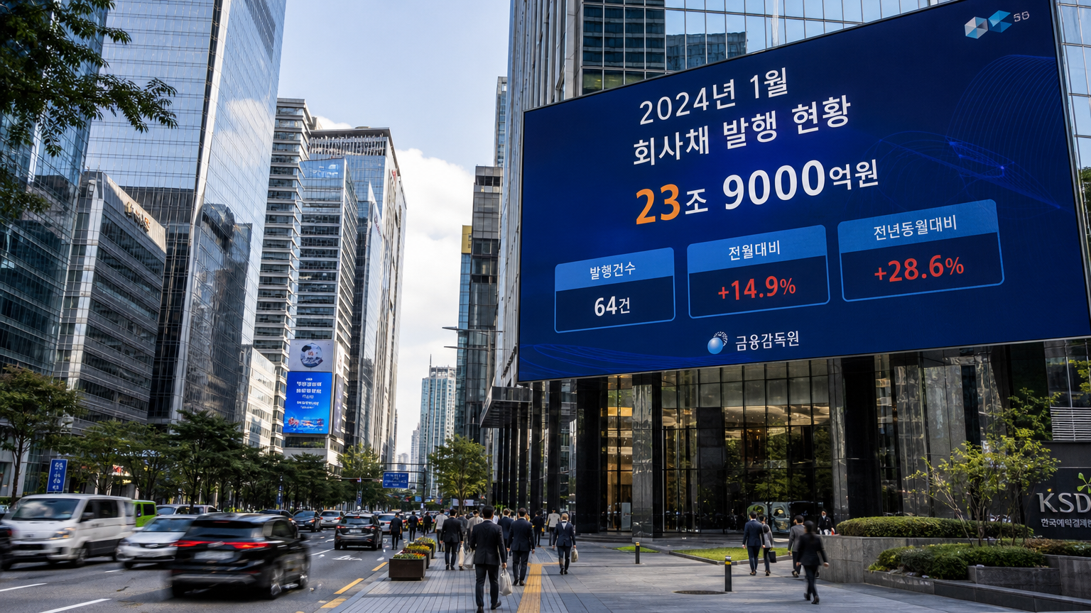 지방채 발행 데이터를 표시하는 배너가 있는 한국 금융 지구 풍경