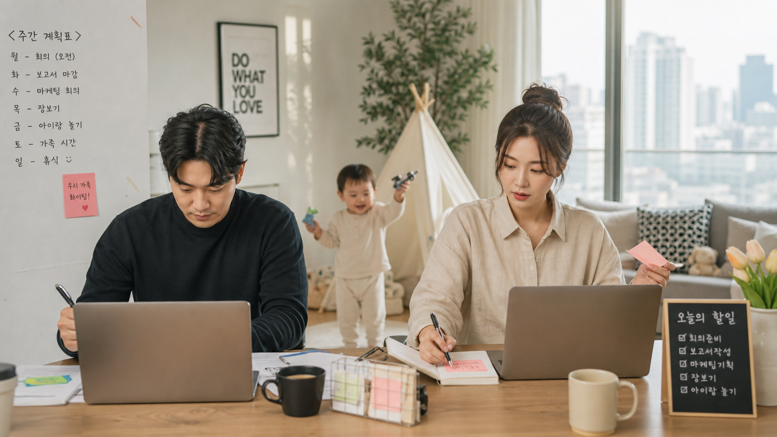 바쁜 부부가 아이를 돌보며 일과 육아를 병행하는 모습