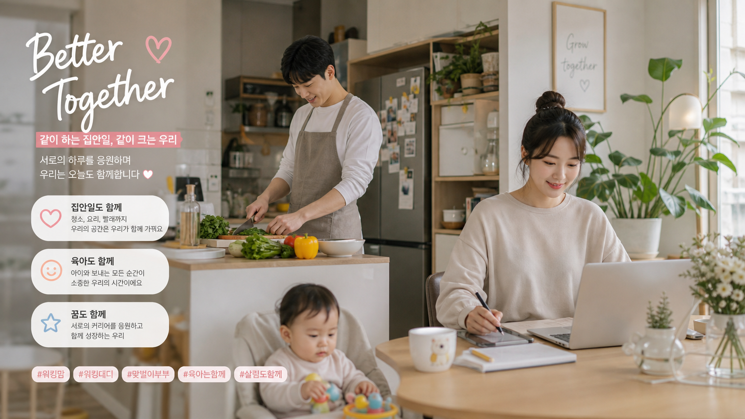 현대적인 아파트에서 가사와 육아를 함께 관리하는 맞벌이 부부