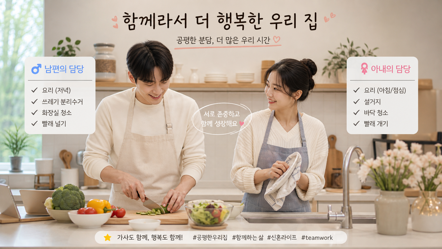 주방에서 가사를 공평하게 분담하는 한국의 부부