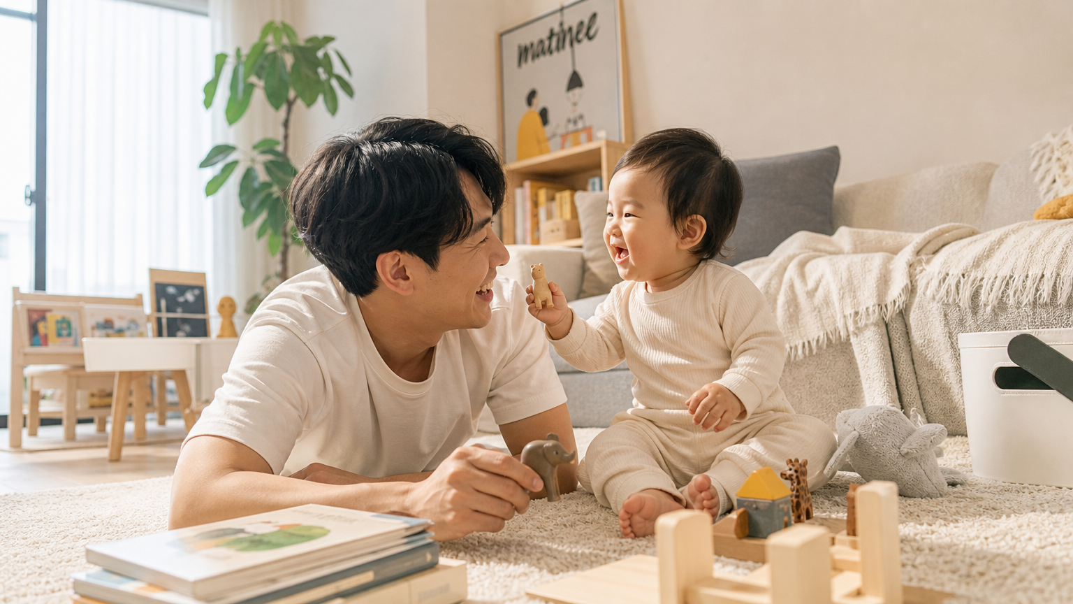 집에서 아이와 놀이를 즐기는 휴직 중인 아빠