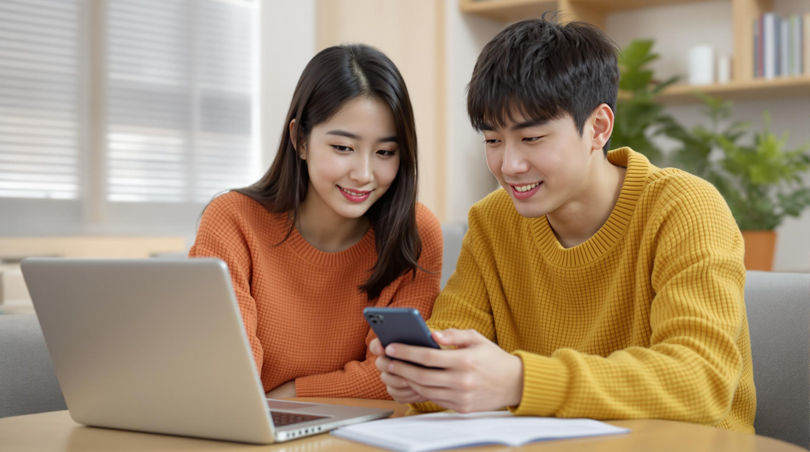 온라인으로 교육 바우처를 신청하는 부모와 학생의 모습