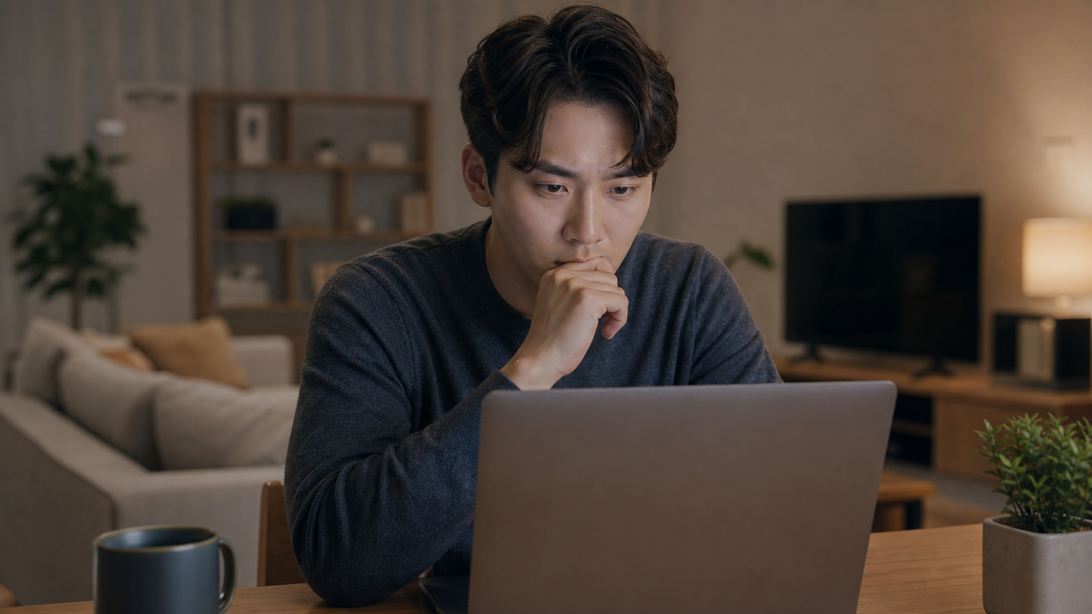 거실에서 노트북을 사용하는 현대 남성이 온라인 개인정보 보호에 대해 고민하는 모습