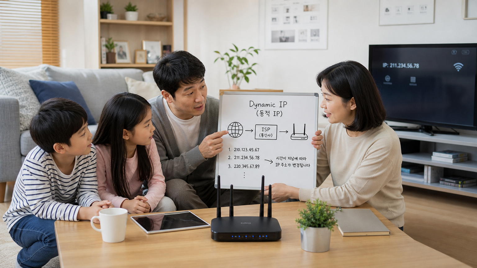 가정용 공유기를 배경으로 부모가 자녀에게 동적 IP의 개념을 설명하는 모습