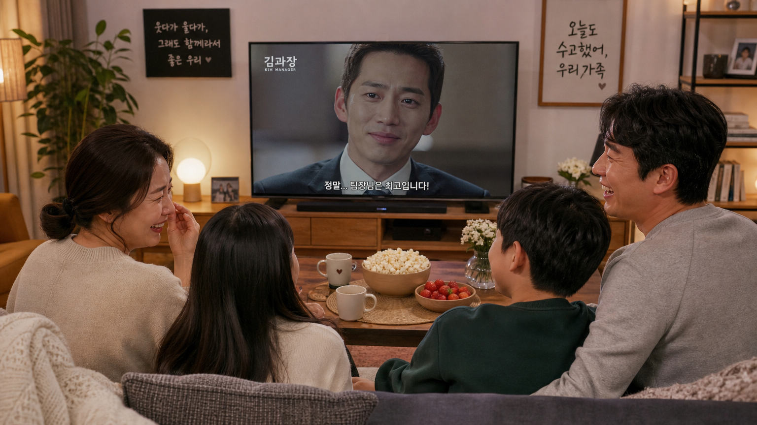 편안한 거실에서 가족들이 함께 '김부장' 드라마를 보며 공감하고 웃는 모습