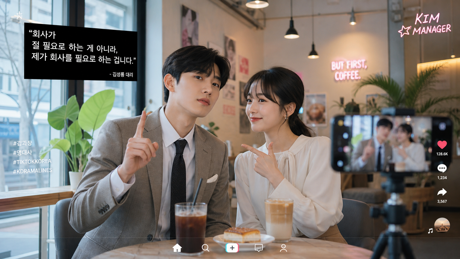 젊은 세대가 카페에서 '김부장' 드라마 명대사를 활용해 틱톡용 콘텐츠를 제작하는 장면