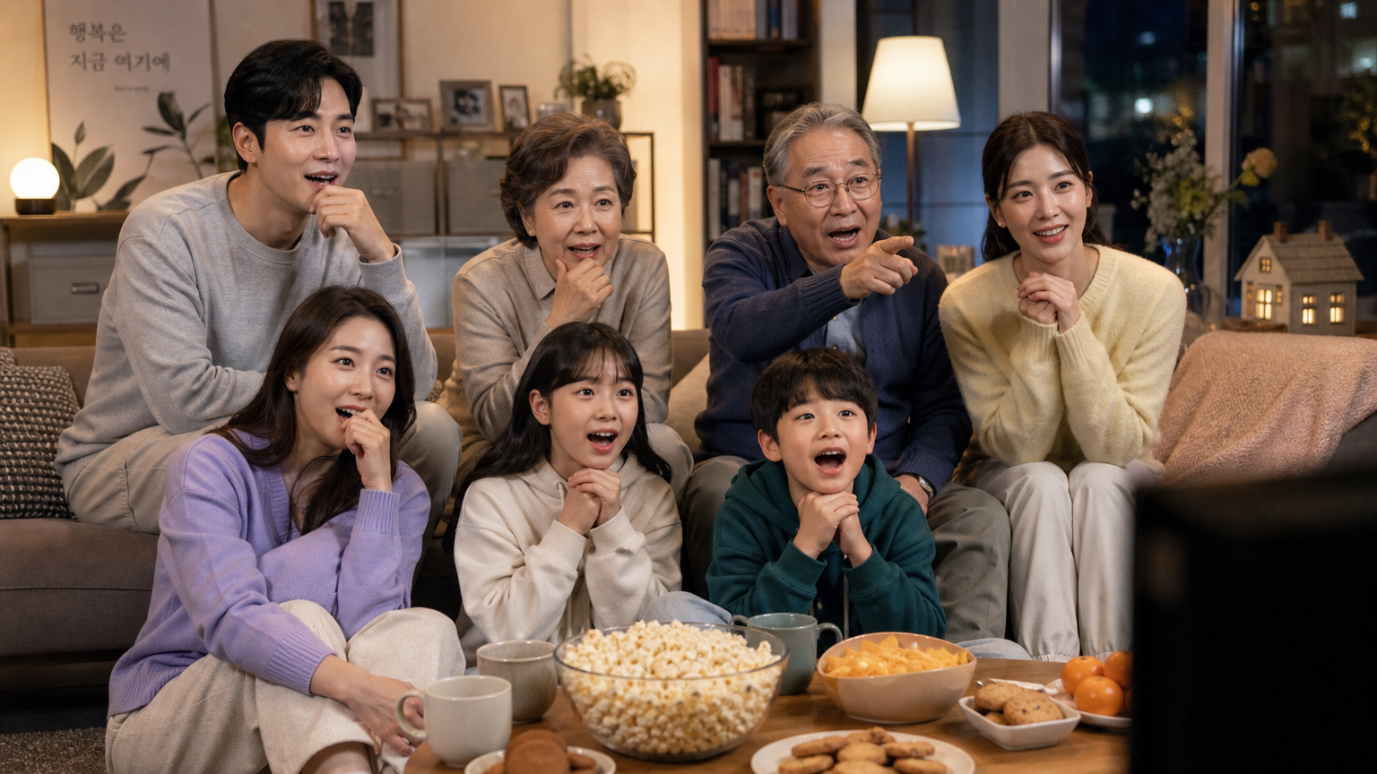 다양한 연령대의 사람들이 집에서 프라임타임에 TV를 보고 있는 모습