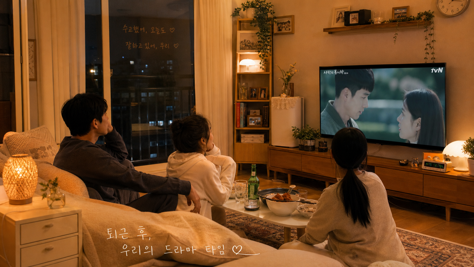 저녁 시간에 퇴근 후 집에서 편안하게 드라마를 시청하는 가족들 모습