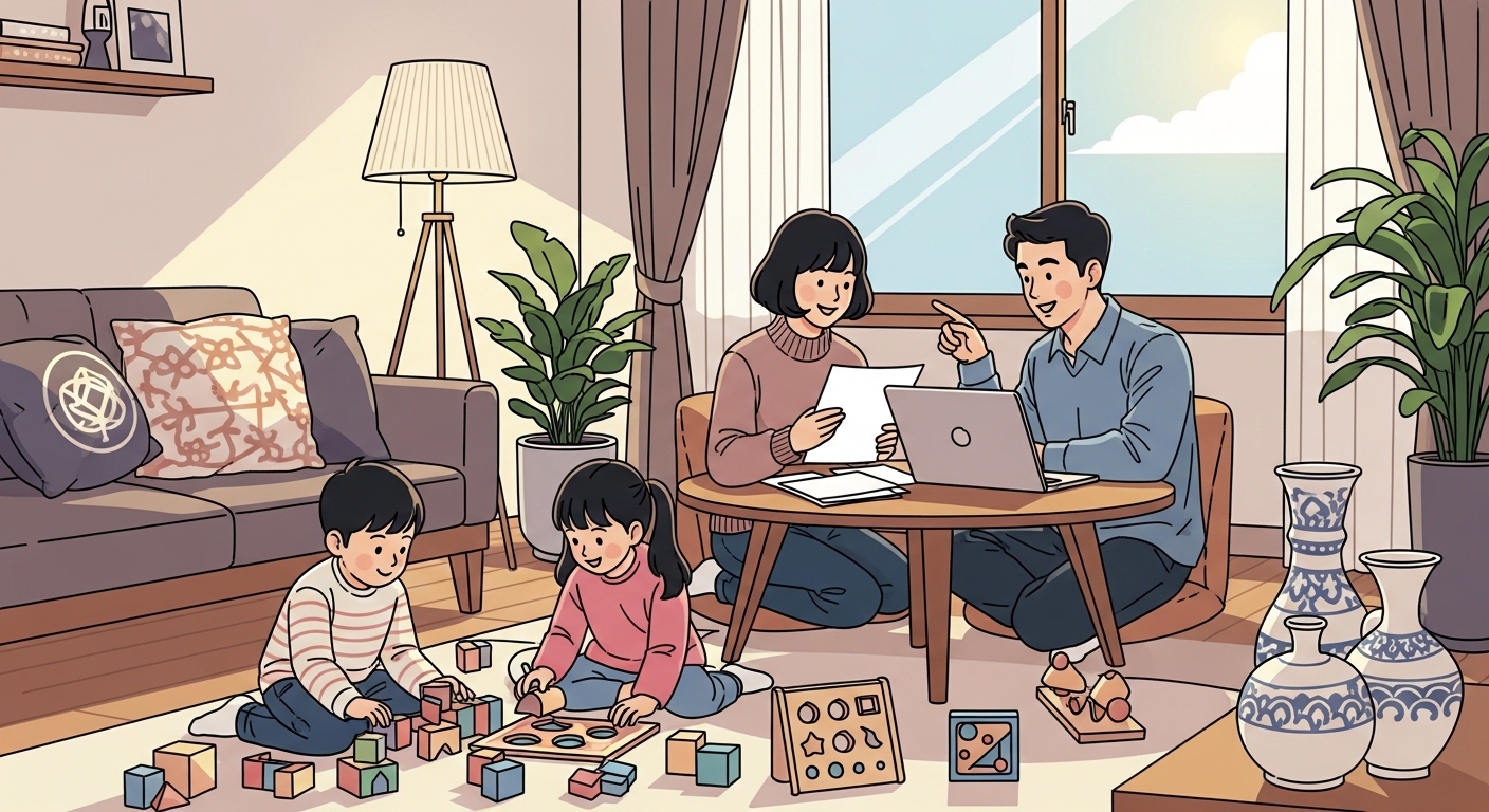 거실에서 자녀와 함께 재정을 논의하는 현대 가정의 모습