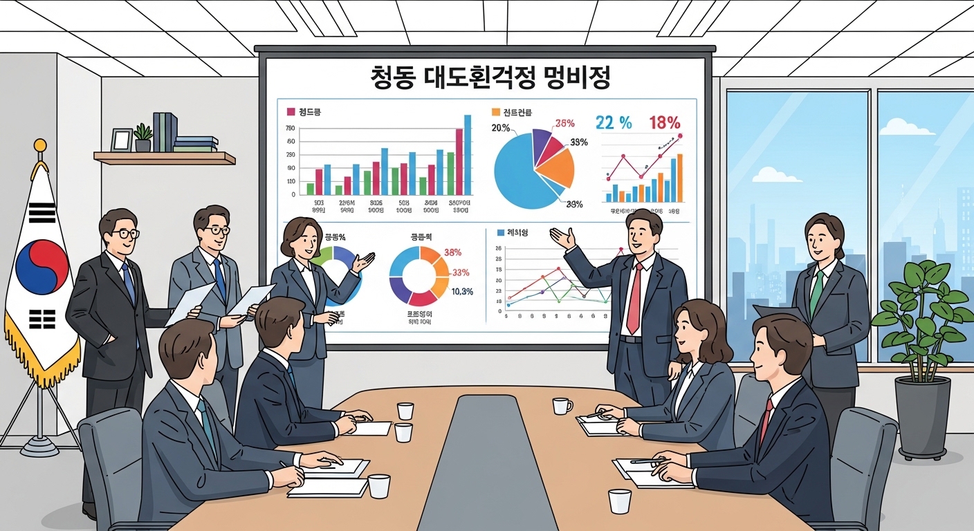 사무실에서 아동수당 정책 발표 중인 한국 정부 관계자들