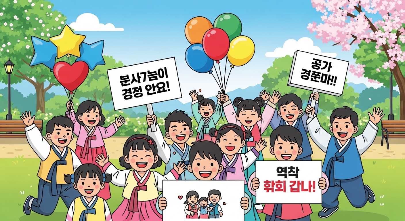 공원에서 아동수당 확장을 축하하는 다양한 나이의 어린이들