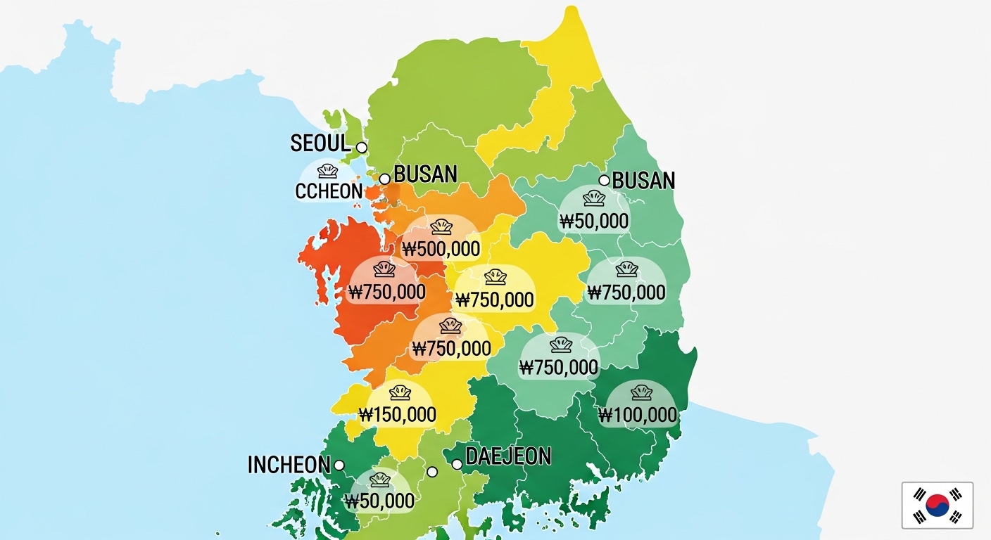 추가 지원금이 적용된 지역을 강조한 한국 지도