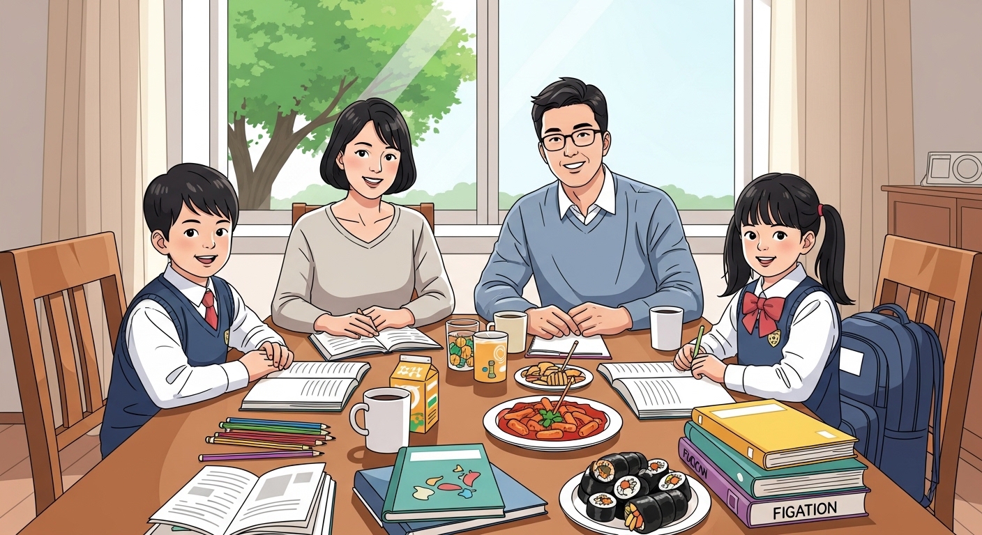 학교 후에 책과 간식으로 가득 찬 식탁에 앉아 있는 행복한 가족