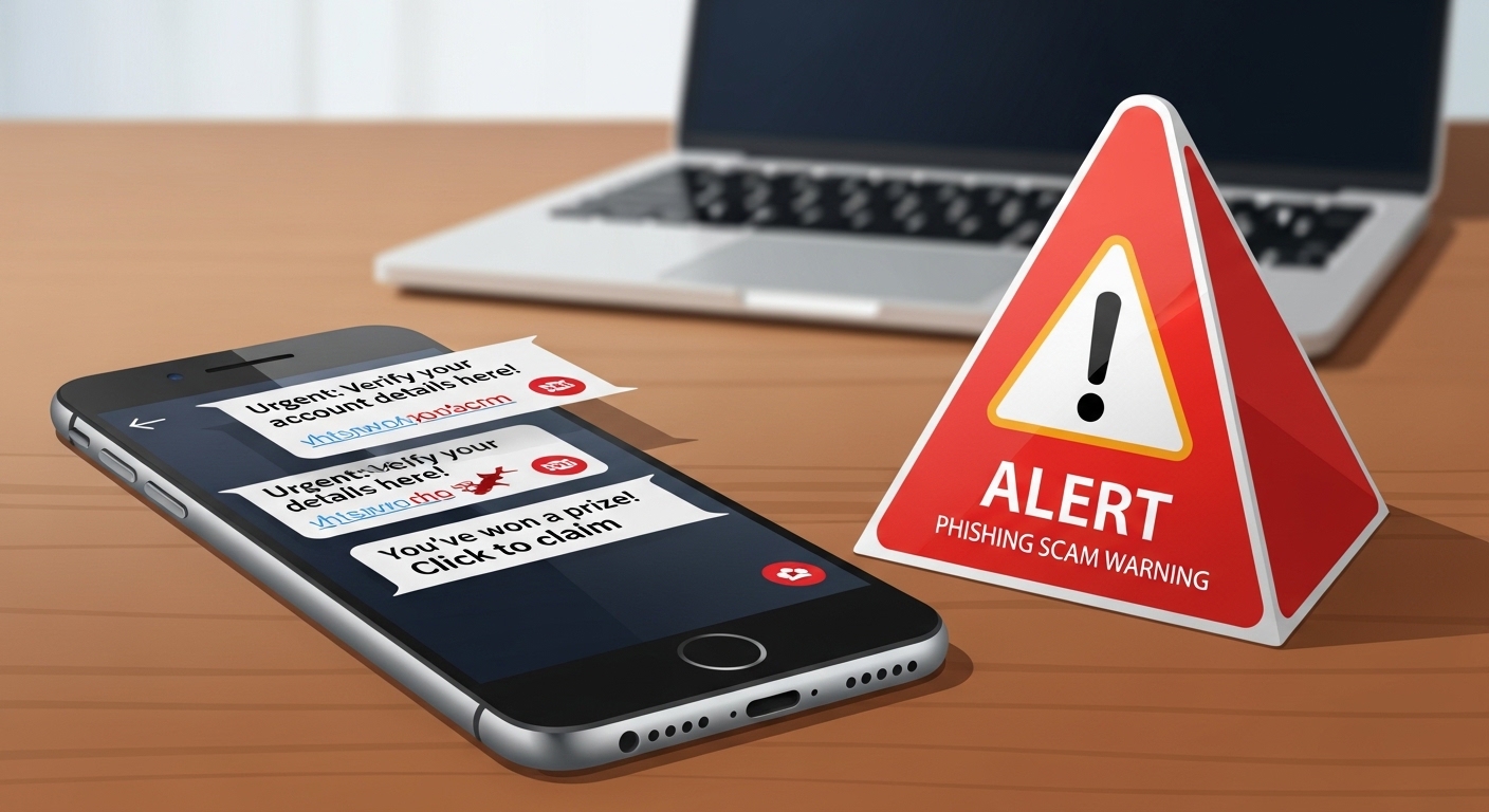 피싱 사기에 대한 경고 메시지가 표시된 스마트폰 옆에 경고 표지판